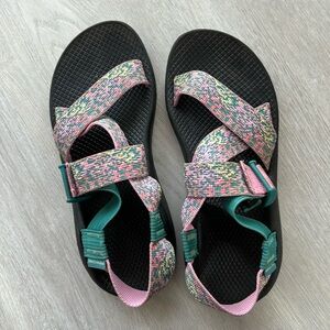 Colorful pair of Z strap chacos that are barely used